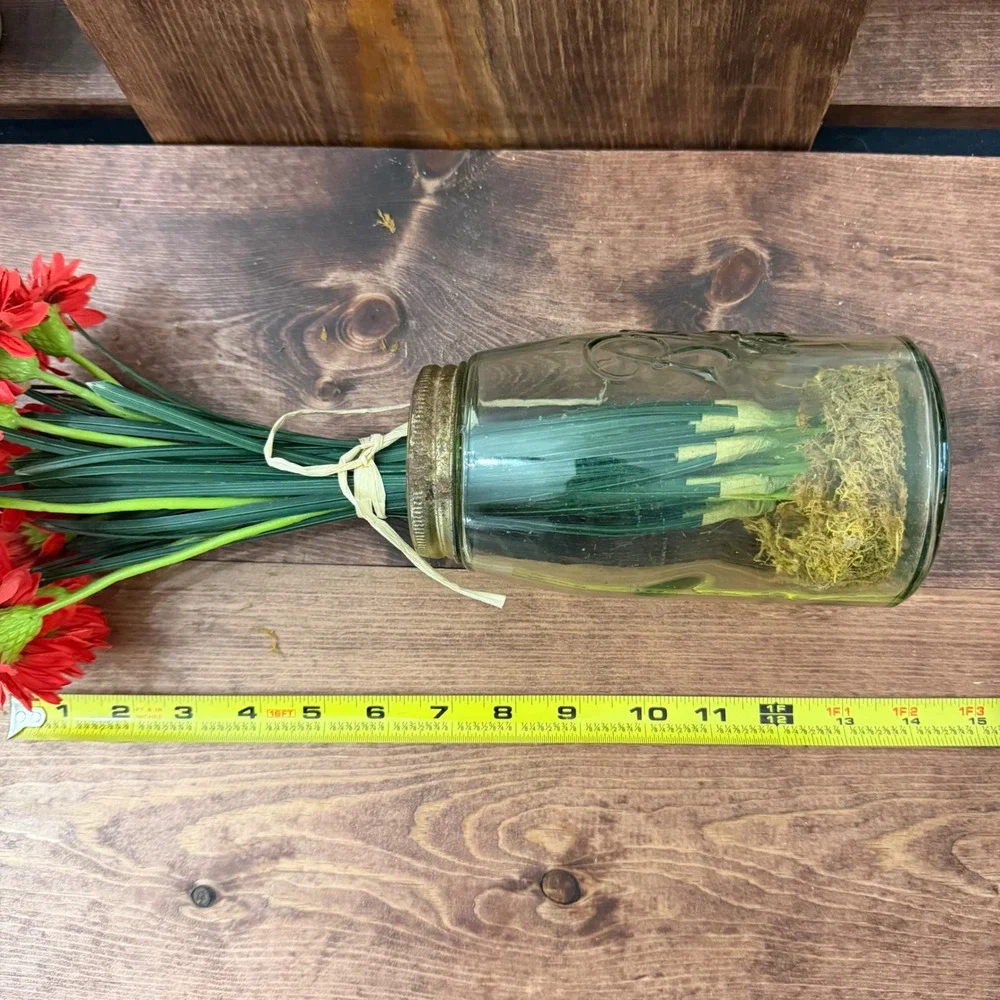 Faux Red Gerbera Daisy Floral Arrangement Vtg Glass Mason Jar Rustic Decor READ